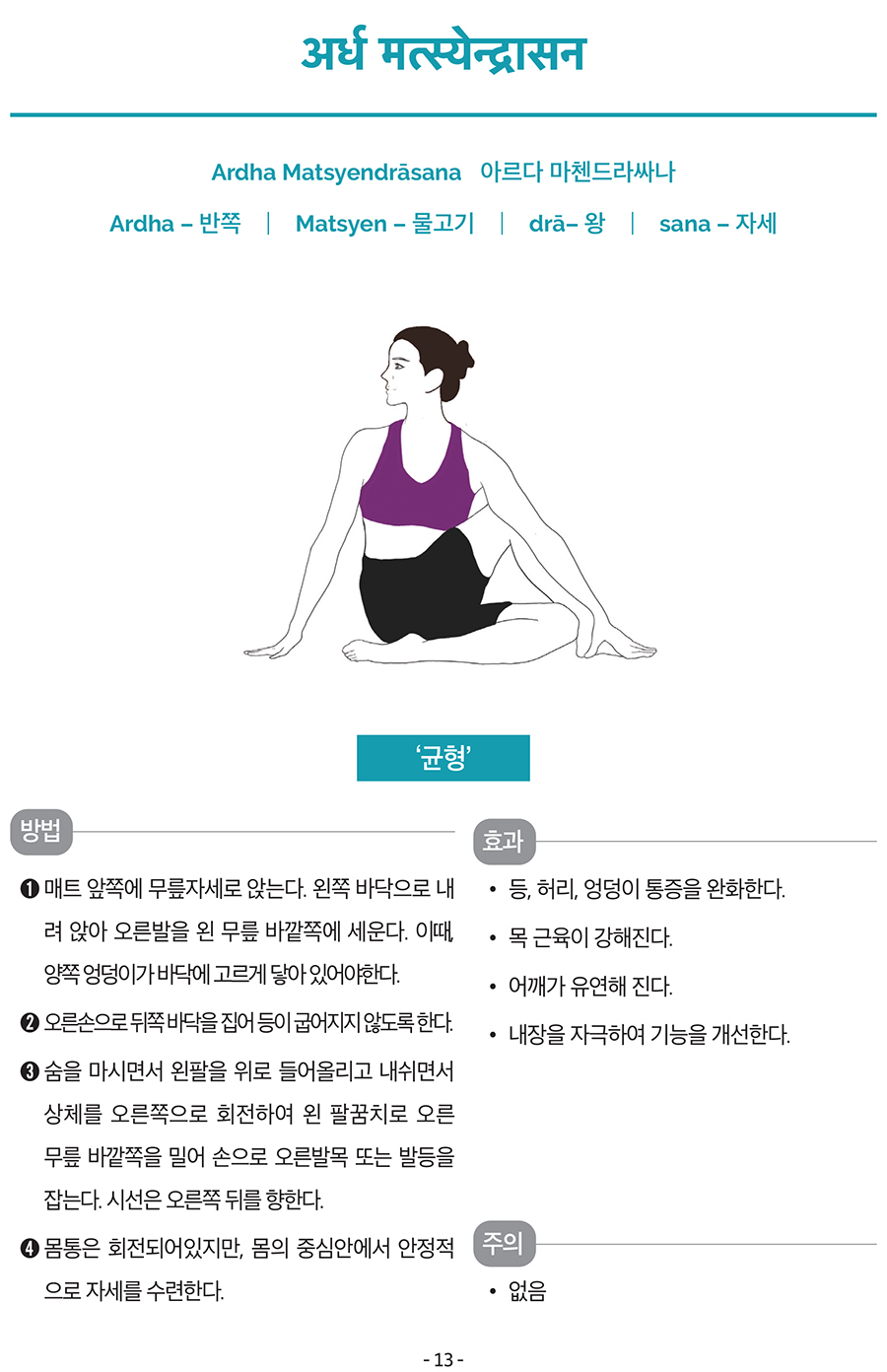 अर्ध मत्स्येन्द्रासन
Ardha Matsyendrāsana
아르다 마첸드라싸나
Ardha – 반쪽
┃ Matsyen – 물고기
┃ drā– 왕
┃ sana – 자세
‘균형'
방법
➊ 매트 앞쪽에 무릎자세로 앉는다. 왼쪽 바닥으로 내
려 앉아 오른발을 왼 무릎 바깥쪽에 세운다. 이때,
양쪽 엉덩이가 바닥에 고르게 닿아 있어야한다.
➋ 오른손으로 뒤쪽 바닥을 집어 등이 굽어지지 않도록 한다.
➌ 숨을 마시면서 왼팔을 위로 들어올리고 내쉬면서
상체를 오른쪽으로 회전하여 왼 팔꿈치로 오른
무릎 바깥쪽을 밀어 손으로 오른발목 또는 발등을
잡는다. 시선은 오른쪽 뒤를 향한다.
➍ 몸통은 회전되어있지만, 몸의 중심안에서 안정적
으로 자세를 수련한다.
주의
• 없음
효과
• 등, 허리, 엉덩이 통증을 완화한다.
• 목 근육이 강해진다.
• 어깨가 유연해 진다.
• 내장을 자극하여 기능을 개선한다.