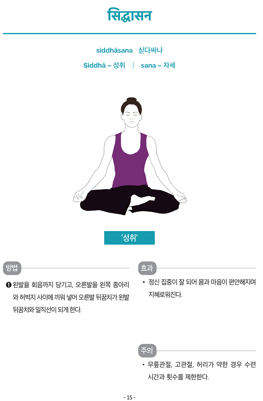 सिद्धासन
siddhāsana 
 
싣다싸나
Siddhā – 성취
 
┃ sana – 자세
‘성취’
방법
➊ 왼발을 회음까지 당기고, 오른발을 왼쪽 종아리
와 허벅지 사이에 끼워 넣어 오른발 뒤꿈치가 왼발 
뒤꿈치와 일직선이 되게 한다.
효과
• 정신 집중이 잘 되어 몸과 마음이 편안해지며 
지혜로워진다. 
주의
• 무릎관절, 고관절, 허리가 약한 경우 수련 
시간과 횟수를 제한한다. 

