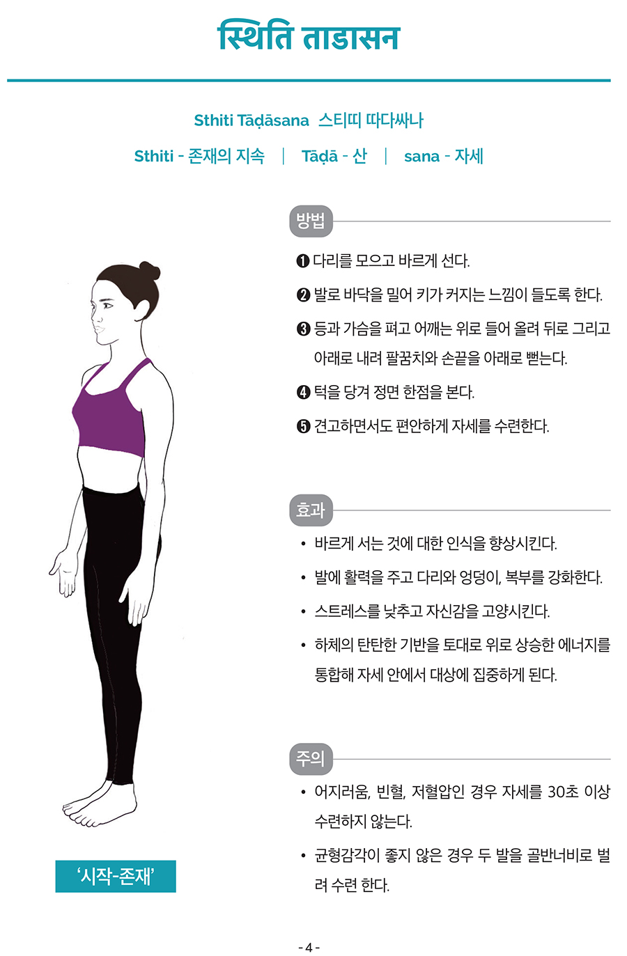 स्थिति ताडासन
Sthiti Tāḍāsana
스티띠 따다싸나
Sthiti - 존재의 지속
┃ Tāḍā – 산
┃ sana – 자세
방법
➊ 다리를 모으고 바르게 선다.
➋ 발로 바닥을 밀어 키가 커지는 느낌이 들도록 한다.
➌ 등과 가슴을 펴고 어깨는 위로 들어 올려 뒤로 그리고
아래로 내려 팔꿈치와 손끝을 아래로 뻗는다.
➍ 턱을 당겨 정면 한점을 본다.
➎ 견고하면서도 편안하게 자세를 수련한다.
효과
• 바르게 서는 것에 대한 인식을 향상시킨다.
• 발에 활력을 주고 다리와 엉덩이, 복부를 강화한다.
• 스트레스를 낮추고 자신감을 고양시킨다.
• 하체의 탄탄한 기반을 토대로 위로 상승한 에너지를
통합해 자세 안에서 대상에 집중하게 된다.
주의
• 어지러움, 빈혈, 저혈압인 경우 자세를 30초 이상
수련하지 않는다.
• 균형감각이 좋지 않은 경우 두 발을 골반너비로 벌
려 수련 한다.‘시작-존재’