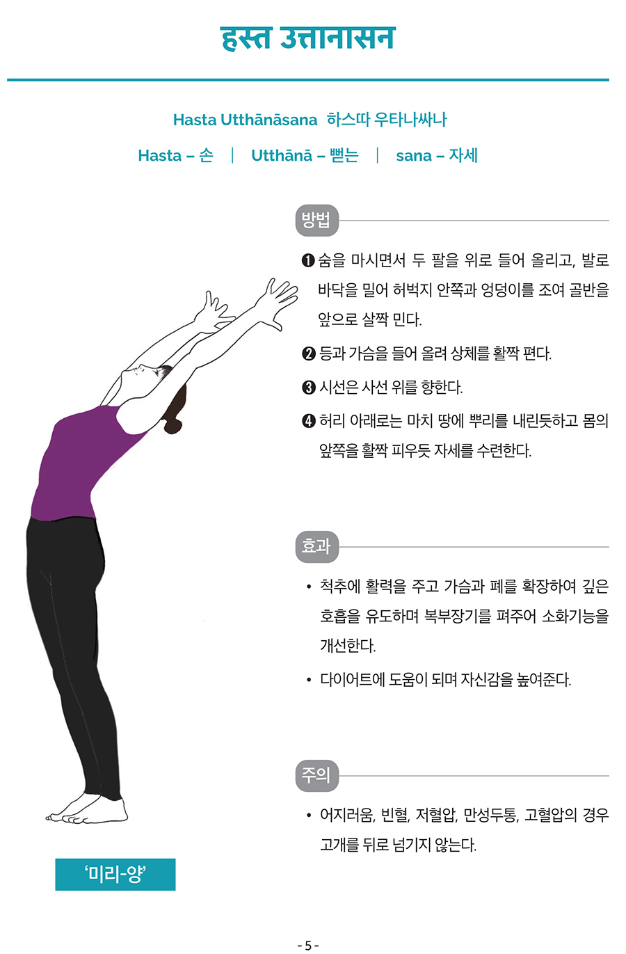 हस्त उत्तानासन
Hasta Utthānāsana
하스따 우타나싸나
Hasta – 손
┃ Utthānā – 뻗는
┃ sana – 자세
방법
➊ 숨을 마시면서 두 팔을 위로 들어 올리고, 발로
바닥을 밀어 허벅지 안쪽과 엉덩이를 조여 골반을
앞으로 살짝 민다.
➋ 등과 가슴을 들어 올려 상체를 활짝 편다.
➌ 시선은 사선 위를 향한다.
➍ 허리 아래로는 마치 땅에 뿌리를 내린듯하고 몸의
앞쪽을 활짝 피우듯 자세를 수련한다.
효과
• 척추에 활력을 주고 가슴과 폐를 확장하여 깊은
호흡을 유도하며 복부장기를 펴주어 소화기능을
개선한다.
• 다이어트에 도움이 되며 자신감을 높여준다.
주의
• 어지러움, 빈혈, 저혈압, 만성두통, 고혈압의 경우
고개를 뒤로 넘기지 않는다. ‘미리-양’