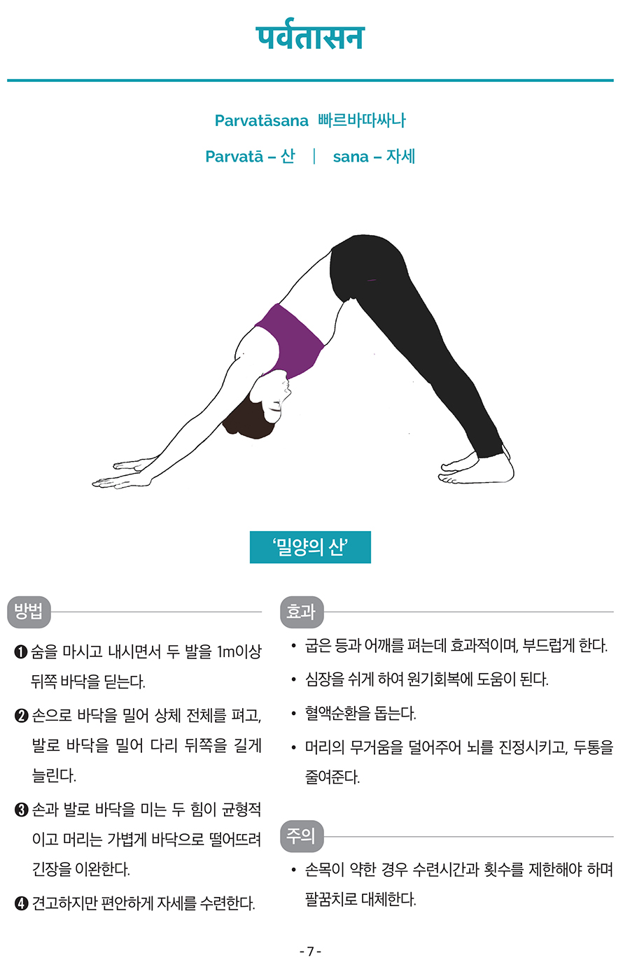पर्वतासन
Parvatāsana
빠르바따싸나
Parvatā – 산
┃ sana – 자세
‘밀양의 산’
방법
➊ 숨을 마시고 내시면서 두 발을 1m이상
뒤쪽 바닥을 딛는다.
➋ 손으로 바닥을 밀어 상체 전체를 펴고,
발로 바닥을 밀어 다리 뒤쪽을 길게
늘린다.
➌ 손과 발로 바닥을 미는 두 힘이 균형적
이고 머리는 가볍게 바닥으로 떨어뜨려
긴장을 이완한다.
➍ 견고하지만 편안하게 자세를 수련한다
효과
• 굽은 등과 어깨를 펴는데 효과적이며, 부드럽게 한다.
• 심장을 쉬게 하여 원기회복에 도움이 된다.
• 혈액순환을 돕는다.
• 머리의 무거움을 덜어주어 뇌를 진정시키고, 두통을
줄여준다.
주의
• 손목이 약한 경우 수련시간과 횟수를 제한해야 하며
팔꿈치로 대체한다