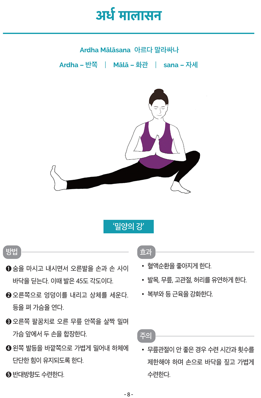 अर्ध मालासन
Ardha Mālāsana
아르다 말라싸나
Ardha – 반쪽
┃ Mālā – 화관
┃ sana – 자세
‘밀양의 강
방법
➊ 숨을 마시고 내시면서 오른발을 손과 손 사이
바닥을 딛는다. 이때 발은 45도 각도이다.
➋ 오른쪽으로 엉덩이를 내리고 상체를 세운다.
등을 펴 가슴을 연다.
➌ 오른쪽 팔꿈치로 오른 무릎 안쪽을 살짝 밀며
가슴 앞에서 두 손을 합장한다.
➍ 왼쪽 발등을 바깥쪽으로 가볍게 밀어내 하체에
단단한 힘이 유지되도록 한다.
➎ 반대방향도 수련한다.
효과
• 혈액순환을 좋아지게 한다.
• 발목, 무릎, 고관절, 허리를 유연하게 한다.
• 복부와 등 근육을 강화한다.
주의
• 무릎관절이 안 좋은 경우 수련 시간과 횟수를
제한해야 하며 손으로 바닥을 짚고 가볍게
수련한다.