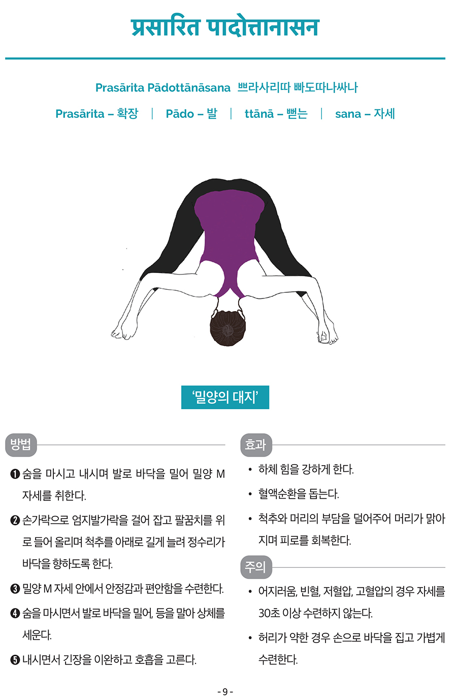 प्रसारित पादोत्तानासन
Prasārita Pādottānāsana
쁘라사리따 빠도따나싸나
Prasārita – 확장
┃ Pādo – 발
┃ ttānā – 뻗는
┃ sana – 자세
‘밀양의 대지’
방법
➊ 숨을 마시고 내시며 발로 바닥을 밀어 밀양 M
자세를 취한다.
➋ 손가락으로 엄지발가락을 걸어 잡고 팔꿈치를 위
로 들어 올리며 척추를 아래로 길게 늘려 정수리가
바닥을 향하도록 한다.
➌ 밀양 M 자세 안에서 안정감과 편안함을 수련한다.
➍ 숨을 마시면서 발로 바닥을 밀어, 등을 말아 상체를
세운다.
➎ 내시면서 긴장을 이완하고 호흡을 고른다.
효과
• 하체 힘을 강하게 한다.
• 혈액순환을 돕는다.
• 척추와 머리의 부담을 덜어주어 머리가 맑아
지며 피로를 회복한다.
주의
• 어지러움, 빈혈, 저혈압, 고혈압의 경우 자세를
30초 이상 수련하지 않는다.
• 허리가 약한 경우 손으로 바닥을 집고 가볍게
수련한다.